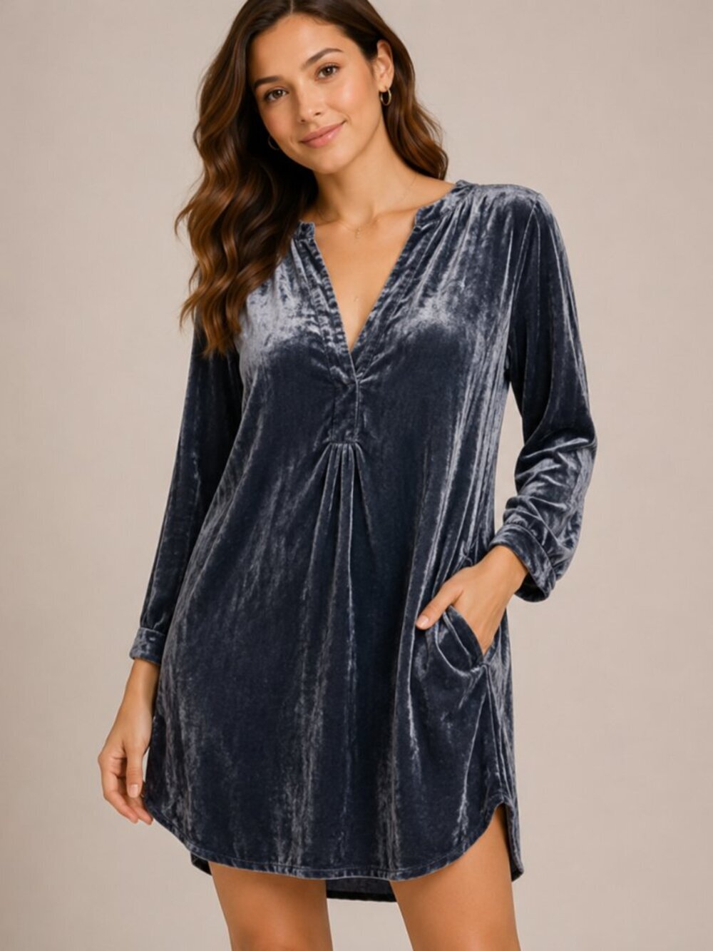 Anthropologie Melody Velvet Tunic Dress XS Slate Blue V-Neck Long Sleeve Pockets - Picture 1 of 12